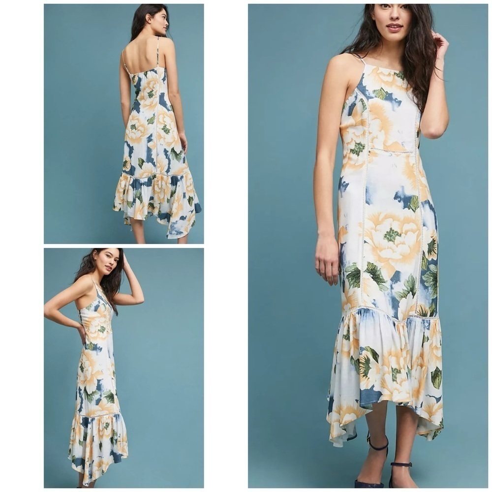 EUC Anthropologie Farm Rio Greenfield Floral Ruffle Hem Lattice Lace Midi Dressā
